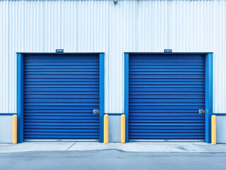 Two closed blue storage unit doors with yellow bollards.