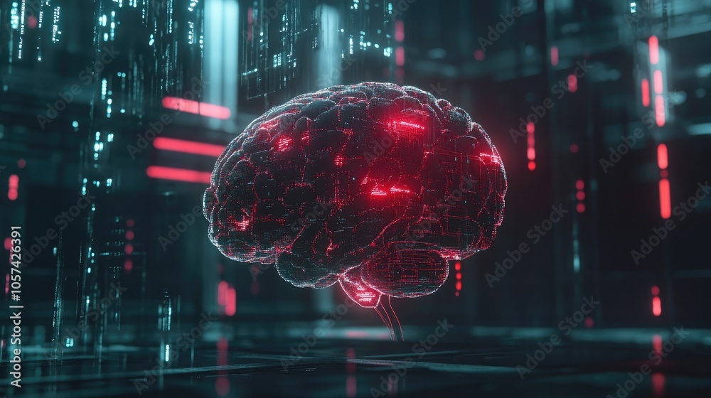 Poster Futuristic human brain connected to artificial intelligence system, representing data analysis