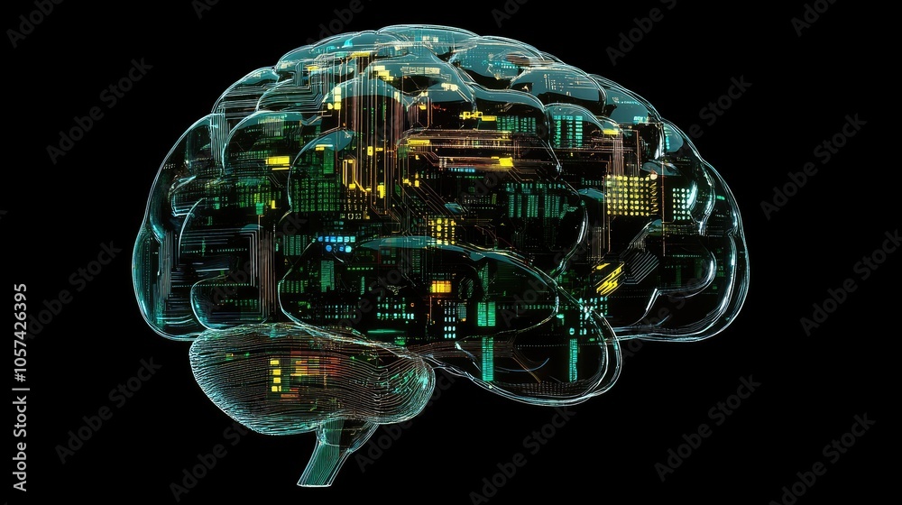 Poster futuristic human brain connected to artificial intelligence system, representing data analysis