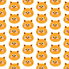 Cute cat face repeat pattern.Seamless pattern with kitten isolated on white background.Vector graphic illustration background.