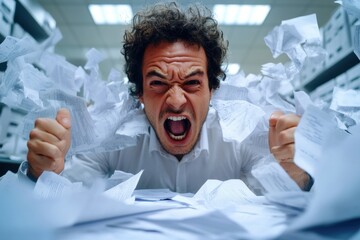 An office worker vents frustration, surrounded by flying papers in a cluttered workspace, expressing stress and tension common in modern work environments.