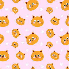 Cute cat face repeat pattern.Seamless pattern with kitten and paw isolated on pink background.Vector graphic illustration background.