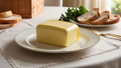 Creamy butter served on a plate, ready for spreading on warm bread at the kitchen table