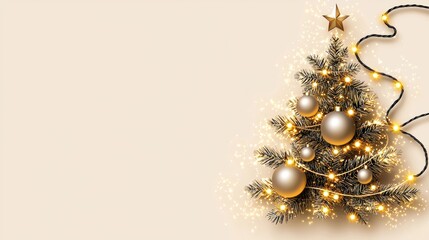 Elegant and simple Christmas tree design with golden ornaments and lights, creating festive atmosphere. Perfect for holiday celebrations and decorations.