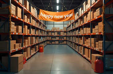A Christmas-themed warehouse aisle with shelves full of supplies, adorned with garlands and festive lights