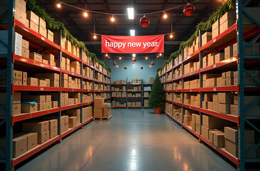 A Christmas-themed warehouse aisle with shelves full of supplies, adorned with garlands and festive lights