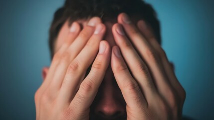 young businessman covers his face with his hands, isolated