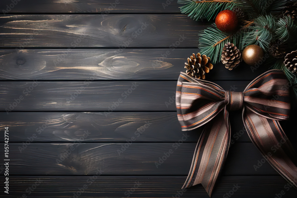 Wall mural rustic christmas background with bow, ornaments, and pine branches on dark wood.