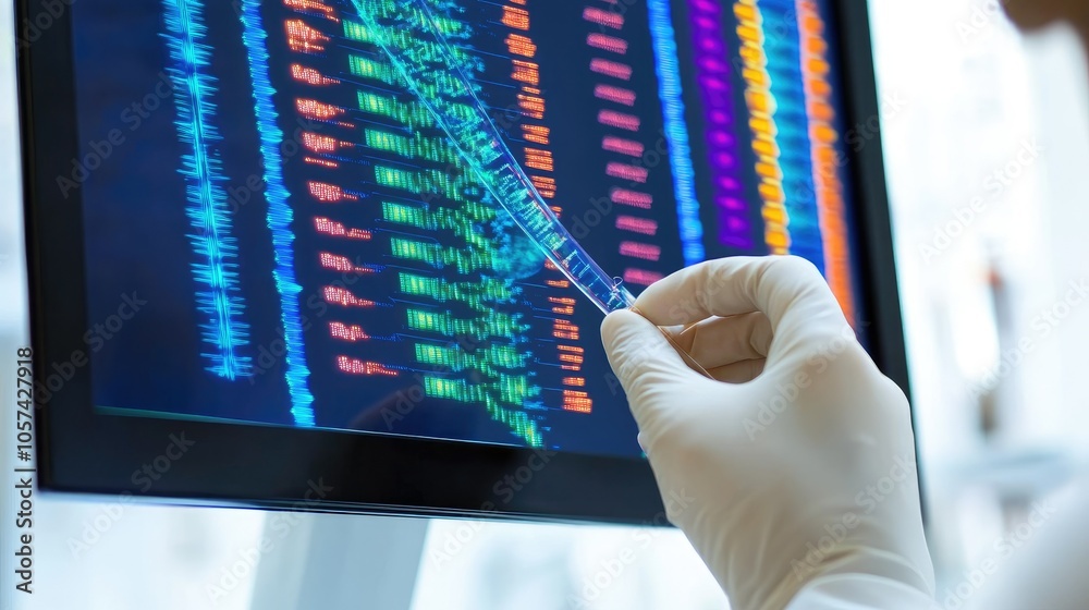 Poster laboratory environment with medical researchers examining dna strands and genetic material on a comp
