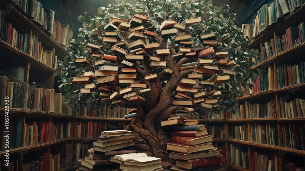 Poster a whimsical tree made of books in a library, symbolizing knowledge and imagination.
