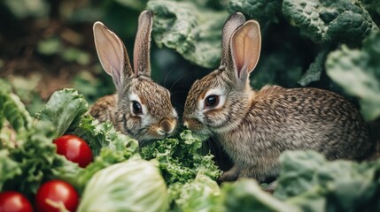 Obraz premium Two bunnies in a vegetable patch