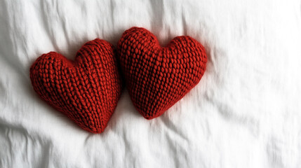 Fototapeta premium Two red knitted heart-shaped cushions placed on a white fabric background, symbolizing love and comfort in a cozy setting.