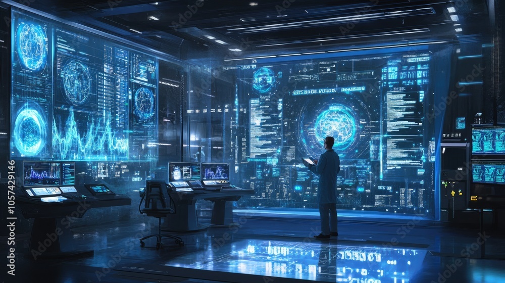 Poster modern lab with a medical scientist reviewing dna samples and scientific data on advanced digital sc