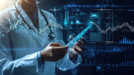 Modern lab with a medical scientist reviewing DNA samples and scientific data on advanced digital screens