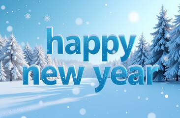 Blue letters "Happy New Year" against a winter landscape