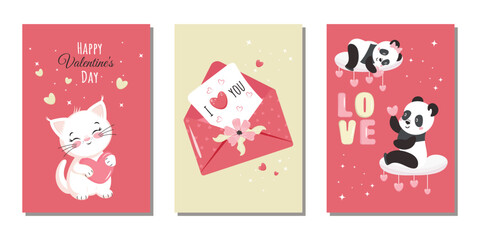 A set of templates for postcards, invitations for Valentine's day with a funny kitten, a panda and an envelope with a declaration of love. Vector design.