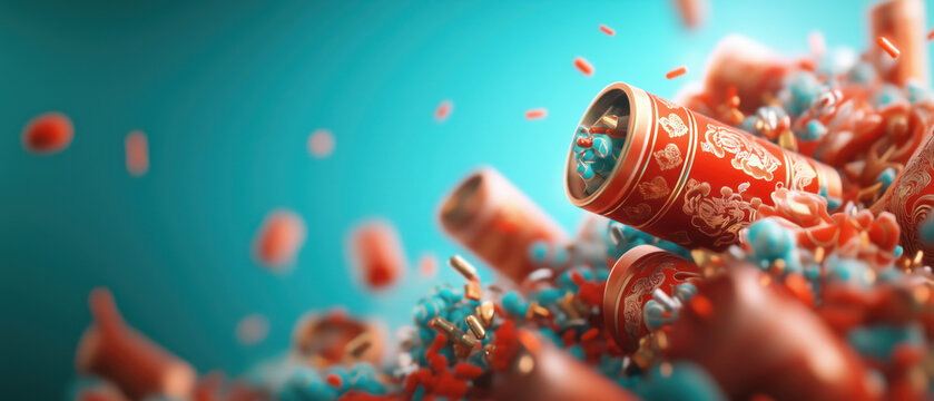 Colorful festive decorations scattered on a vibrant surface, Chinese new year 2025 banner