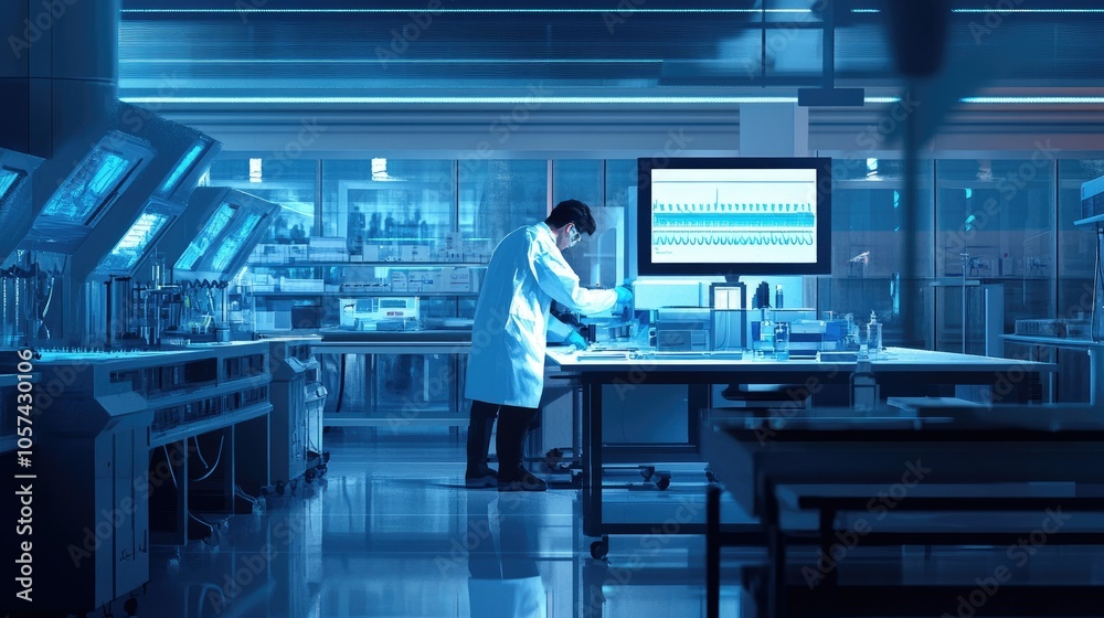 Poster research lab with cleanroom environment, tech engineer monitoring medical electronics system