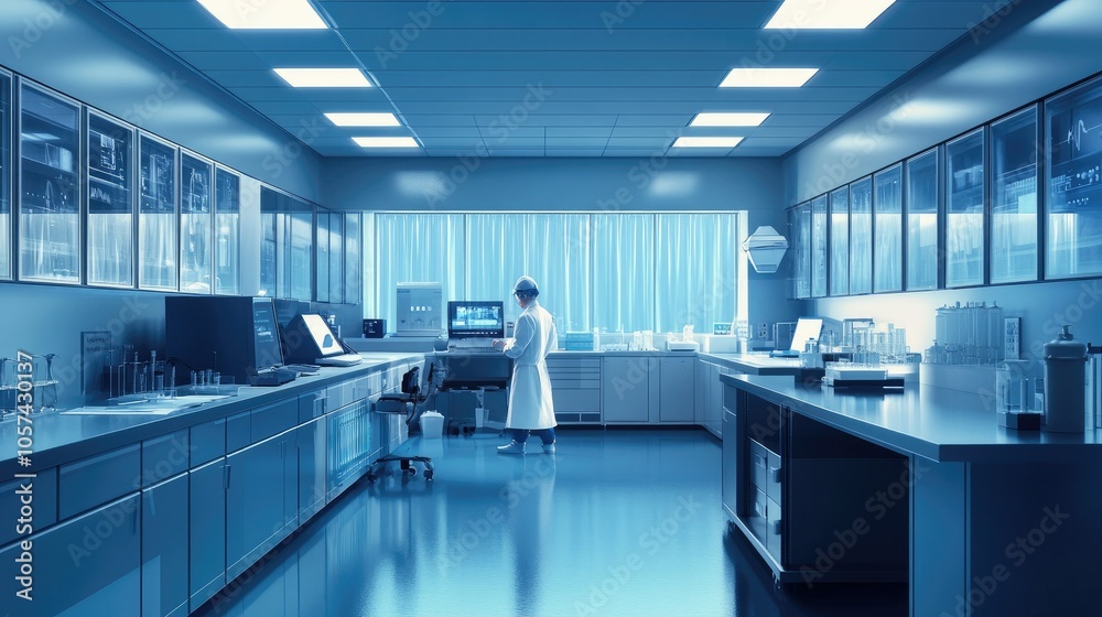 Poster research lab with cleanroom environment, tech engineer monitoring medical electronics system