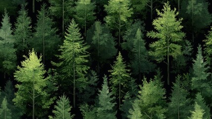 Fototapeta premium Lush green forest with various tree types creating dense canopy. vibrant shades of green evoke sense of tranquility and connection to nature.
