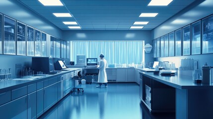 Research lab with cleanroom environment, tech engineer monitoring medical electronics system