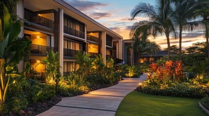 Fototapeta premium Sleek hotel exterior surrounded by vibrant tropical gardens