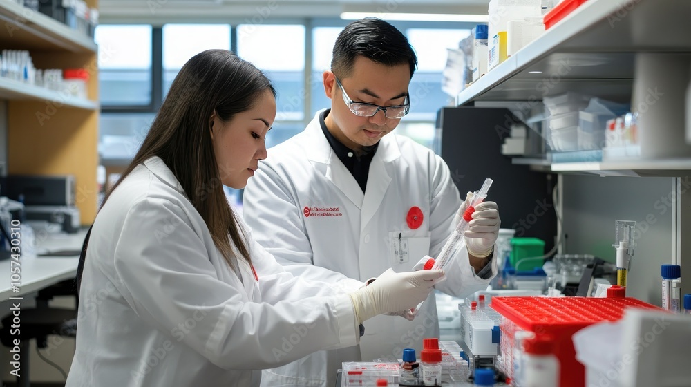 Poster researchers in white coats analyzing synthetic tissue samples, high-tech lab environment