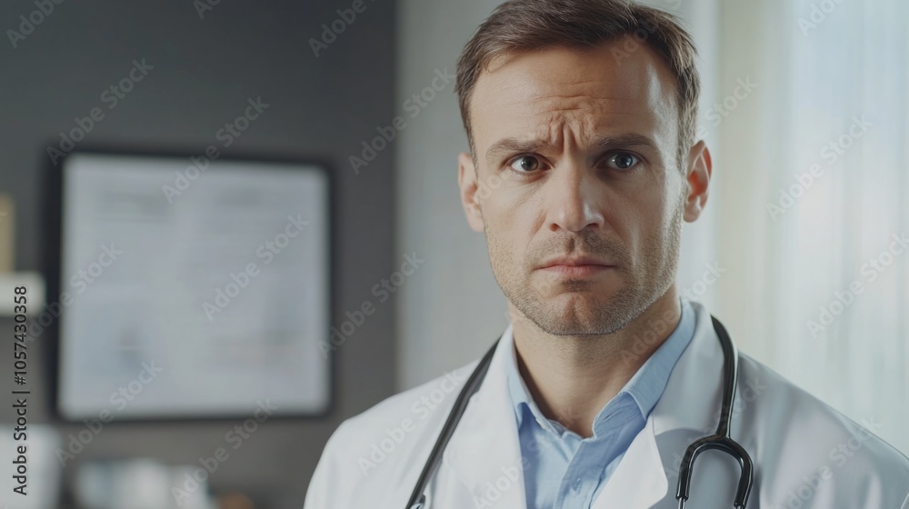 Poster a man in a white lab coat is looking at the camera with a concerned expression