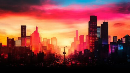 Obraz premium Cityscape Silhouette with Sunset Sky and Traffic