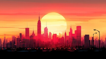 Cityscape Sunset with Cars and Skyscrapers