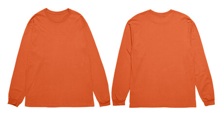 Orange long sleeved t shirt displayed from both front and back angles. Great for showcasing merchandise or creating fashion related designs.