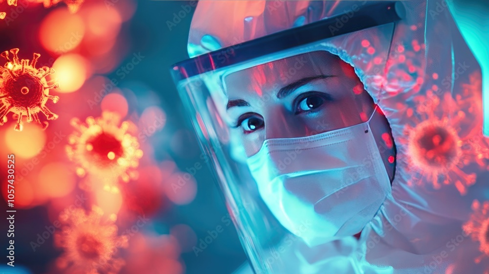 Poster scientist working in a sterile cleanroom, developing advanced electronics for medical applications