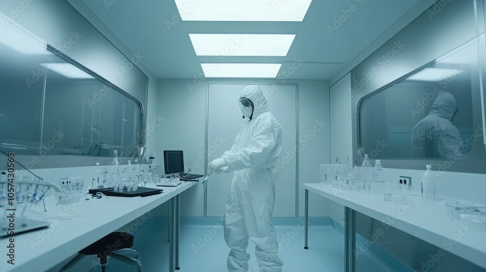 Poster scientist working in a sterile cleanroom, developing advanced electronics for medical applications