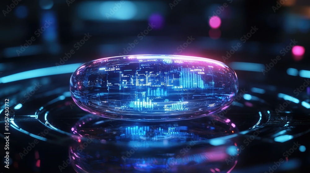 Poster smart pill with ai technology inside, holographic data display surrounding it