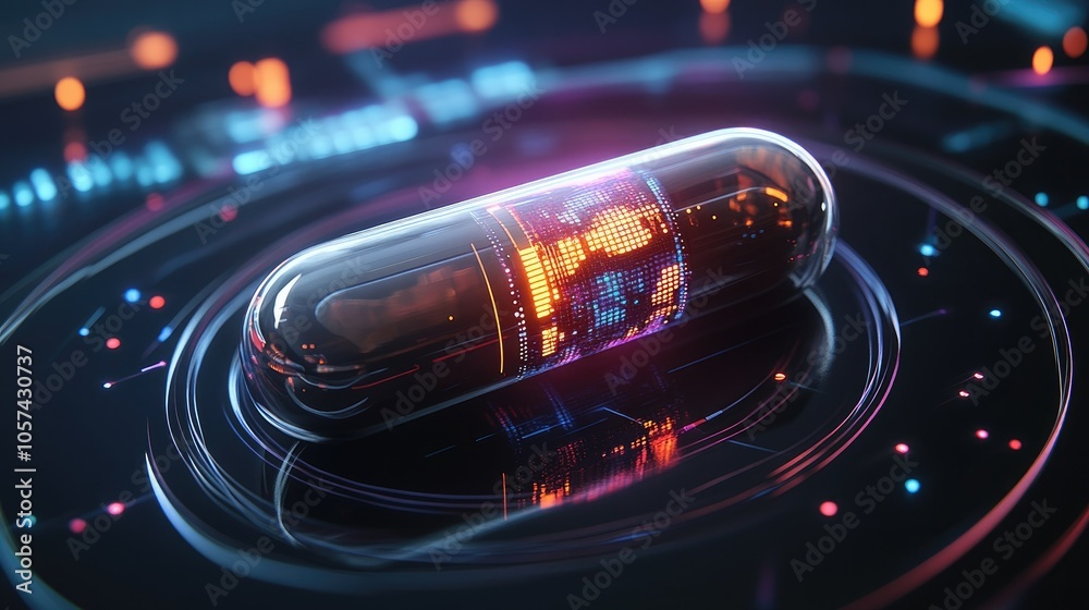Poster Smart pill with AI technology inside, holographic data display surrounding it