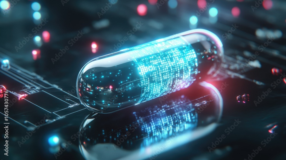 Poster smart pill with ai technology inside, holographic data display surrounding it