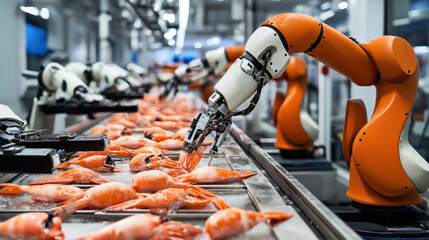 Fototapeta premium Industrial robotic arms sorting raw shrimp on an automated production line in a seafood processing factory, highlighting technology in modern food industry automation and efficiency.
