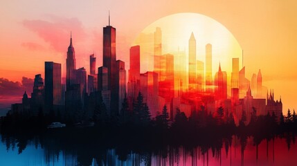 Fototapeta premium Sunset Cityscape with Abstract Trees and Sun