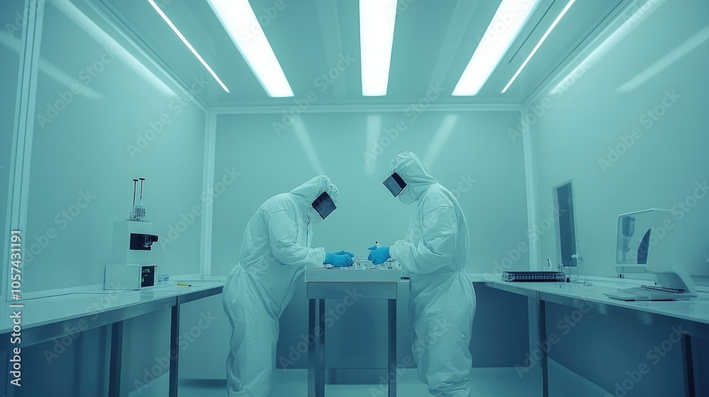 Poster technicians in coveralls working in a cleanroom, developing medical electronics with specialized too