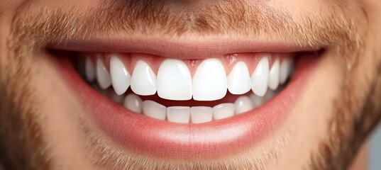 Obraz premium Close-up of young man with perfect white smile. Teeth whitening, dental care concept.