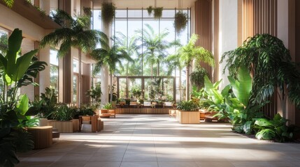Naklejka premium Spacious hotel lobby with natural light and indoor plants