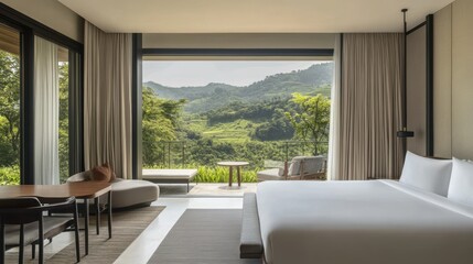 Spacious hotel room with minimalist design and a view of a lush green valley