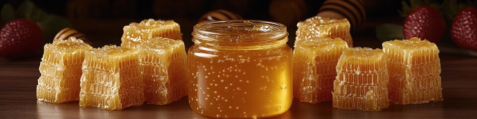 Golden Honeycomb and Jar of Pure Honey with Rustic Wooden Table Background for Natural Sweetener Enthusiasts and Beekeeping Aficionados Perfect for Culinary Uses