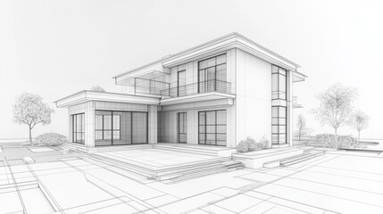 Black and white 3D architectural sketch of a modern house with detailed lines and shading; artistic representation of a building design.
