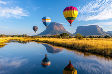 Fototapeta premium Colorful hot air balloons flying over mountain, Hot air balloon above high mountain at sunrise or sunset. 