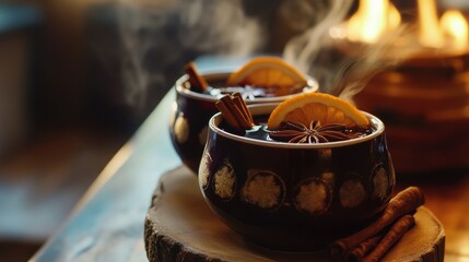 Naklejka premium Steaming hot mulled wine with spices and orange slices