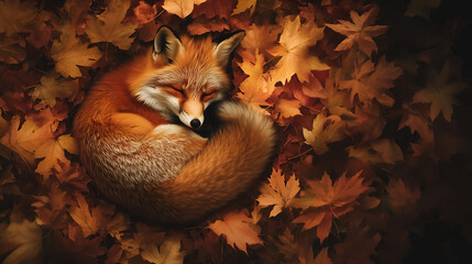 Fototapeta premium Autumn-Themed Fox Curled Up in Leaves with Warm Cozy Colors