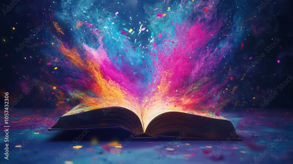 Poster an open book radiates colorful light and cosmic elements, symbolizing imagination and knowledge.