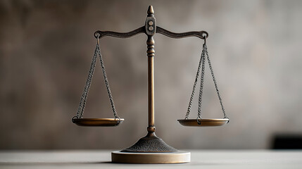 Bronze balance scale with two hanging pans on a blurred gray background symbolizing justice or fairness