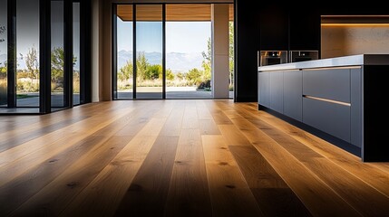 Fototapeta premium Modern Kitchen with Wooden Floor and Mountain View